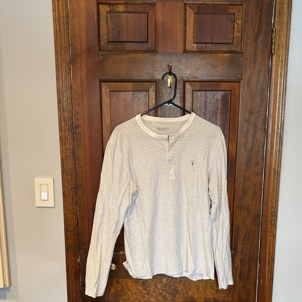 All Saints Cream and Gray Striped Henley